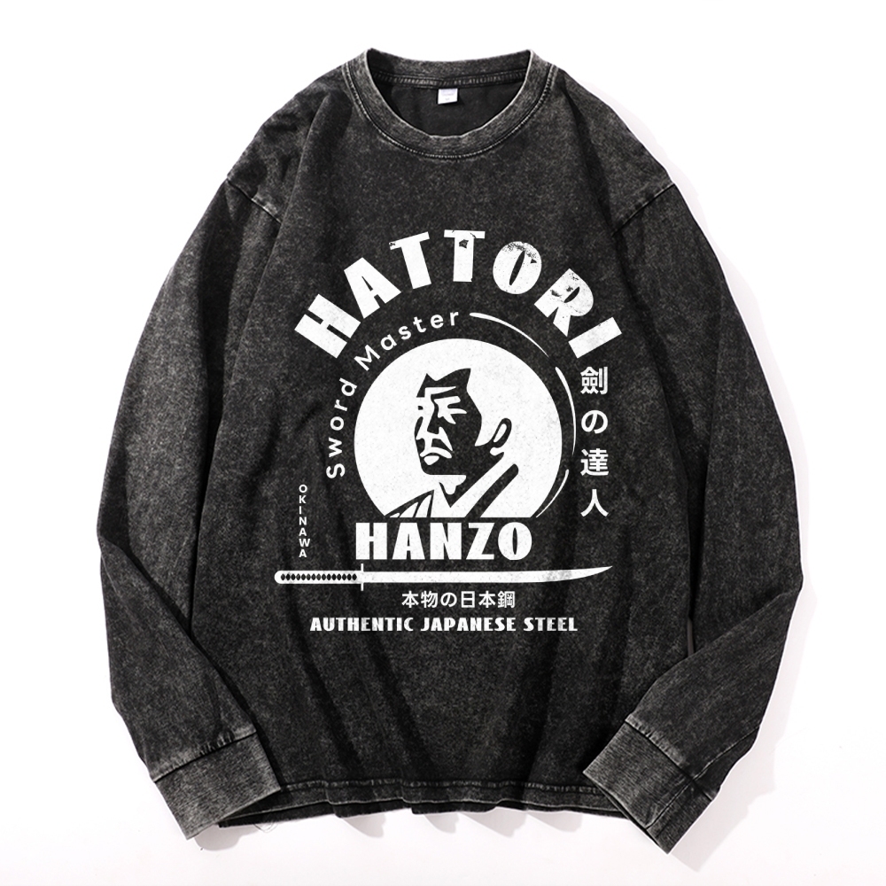 Okinawa Hattori Hanzo Vintage Cotton Wash Crewneck Long-Sleeve T-Shirt