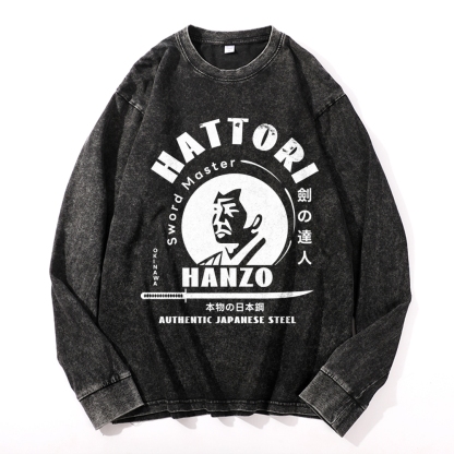 Okinawa Hattori Hanzo Vintage Cotton Wash Crewneck Long-Sleeve T-Shirt
