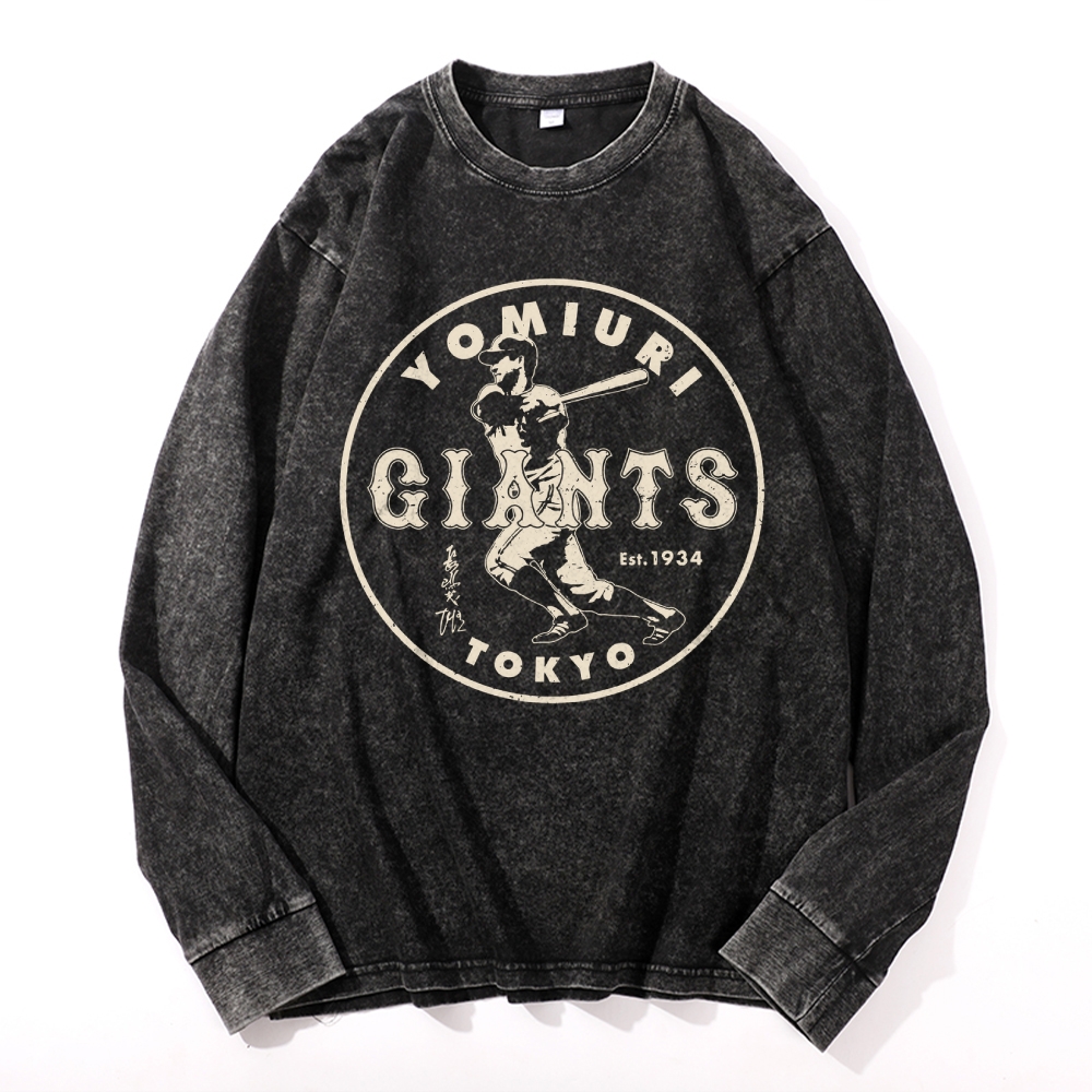 Tokyo Yomiuri Giants Baseball Vintage Cotton Wash Crewneck Long-Sleeve T-Shirt