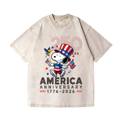 Peanuts Dog United States 250th Anniversery Vintage Wash Japanese Design T-Shirt