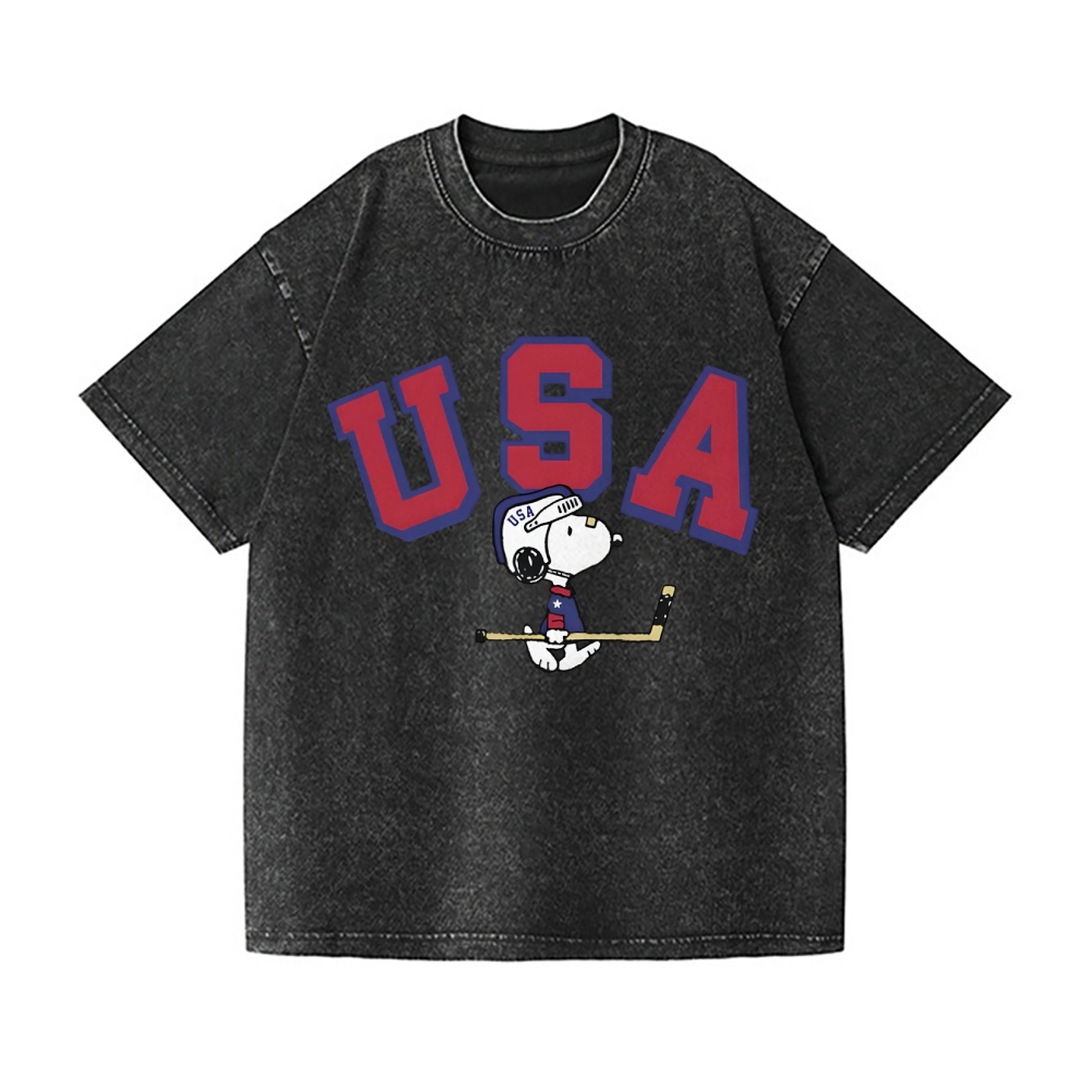 Peanuts Dog USA Ice Hockey Vintage Wash Japanese Design T-Shirt