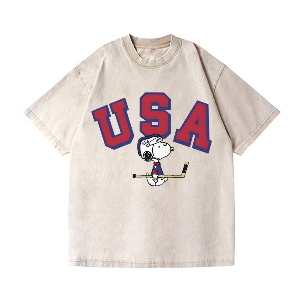 Peanuts Dog USA Ice Hockey Vintage Wash Japanese Design T-Shirt