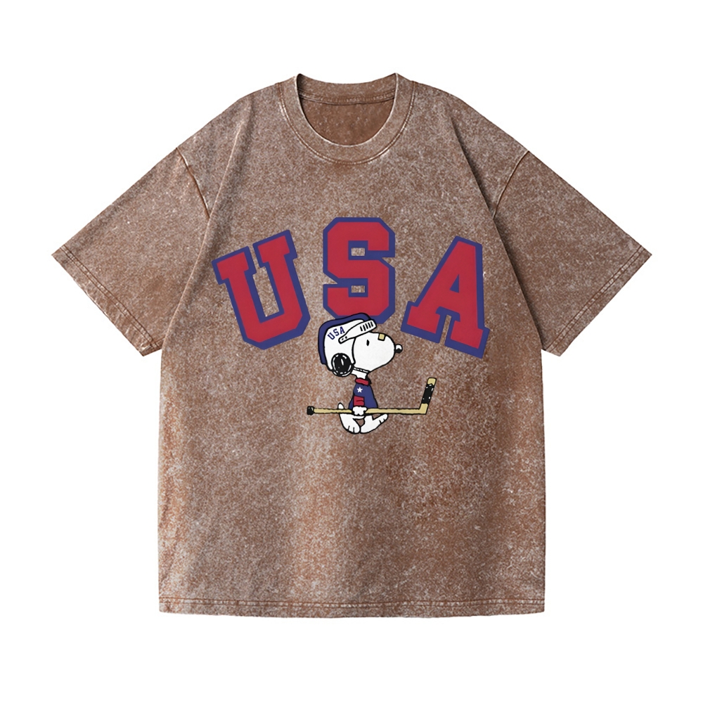 Peanuts Dog USA Ice Hockey Vintage Wash Japanese Design T-Shirt