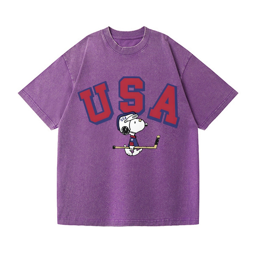 Peanuts Dog USA Ice Hockey Vintage Wash Japanese Design T-Shirt