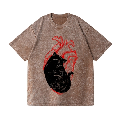Heart Cat Vintage Wash Japanese Design T-Shirt
