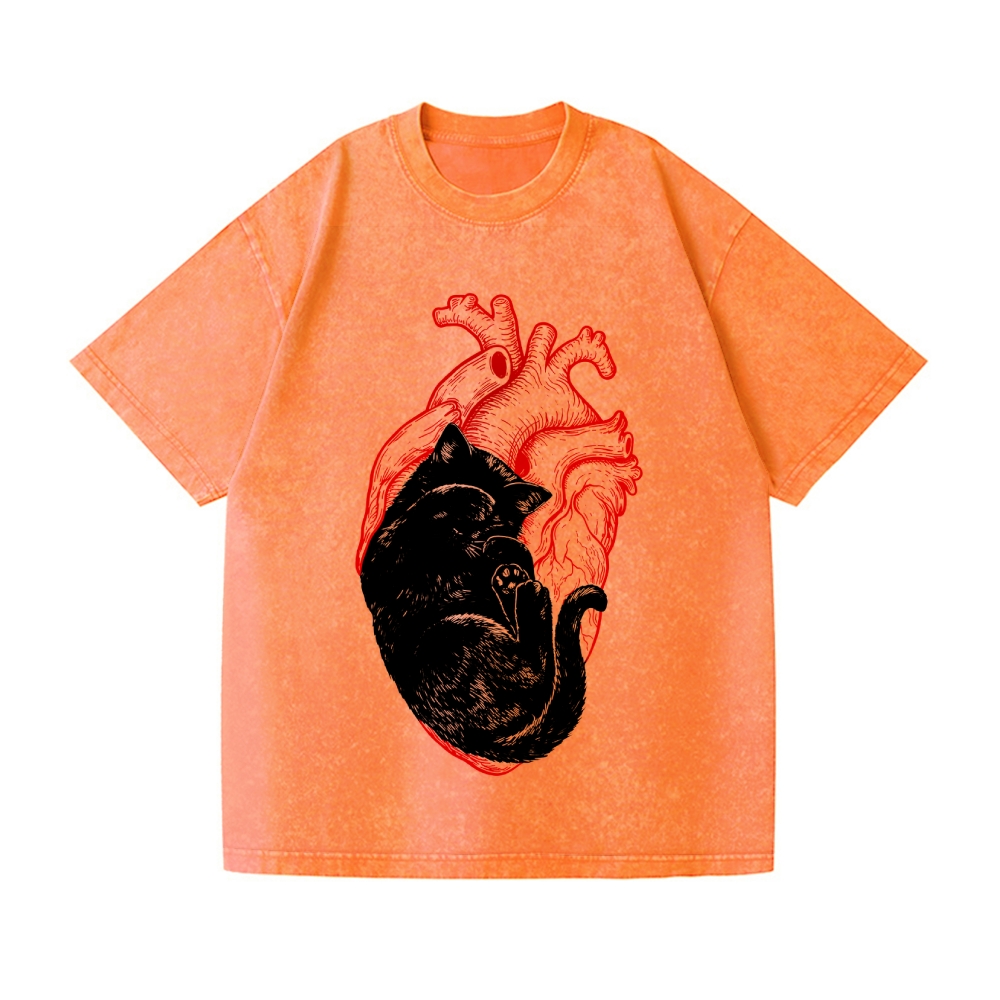 Heart Cat Vintage Wash Japanese Design T-Shirt