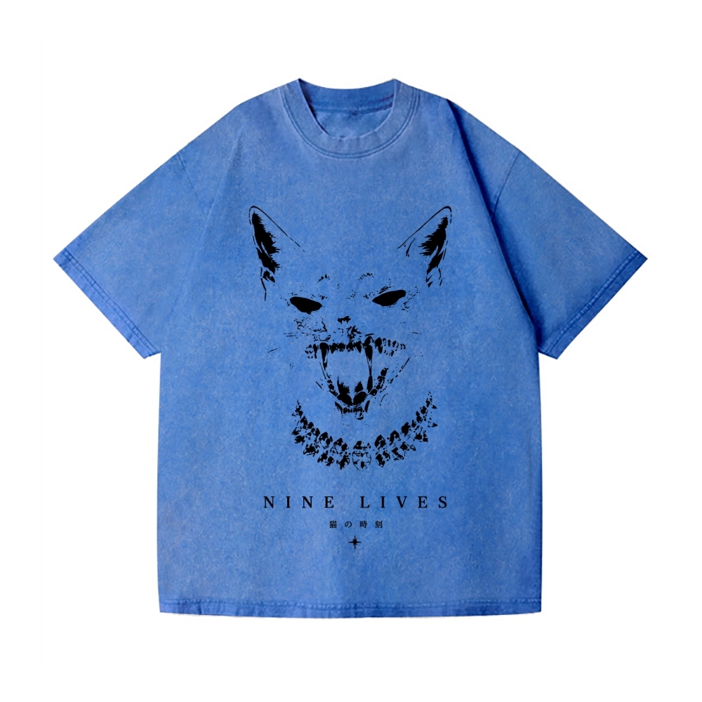Nine Lives Cat Vintage Wash Japanese Design T-Shirt