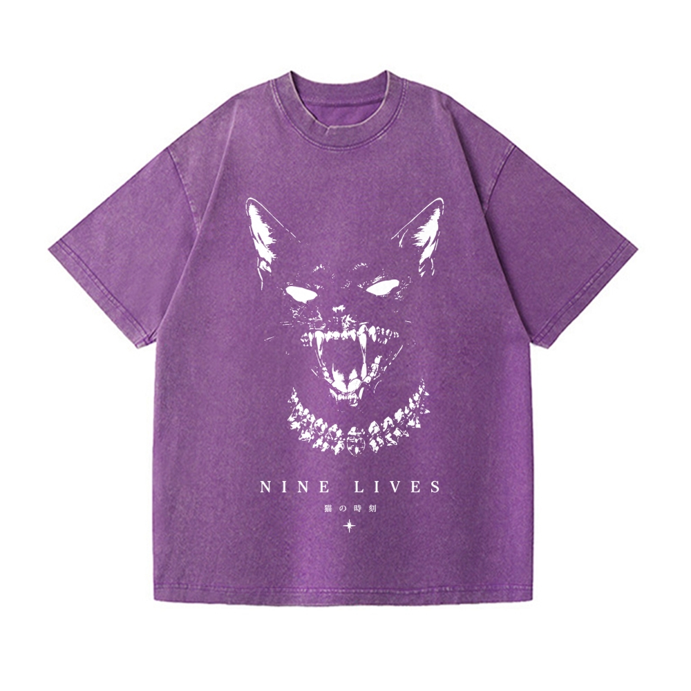 Nine Lives Cat Vintage Wash Japanese Design T-Shirt