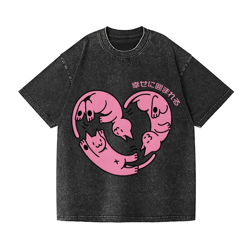 Happy Heart Cats Vintage Wash Japanese Design T-Shirt