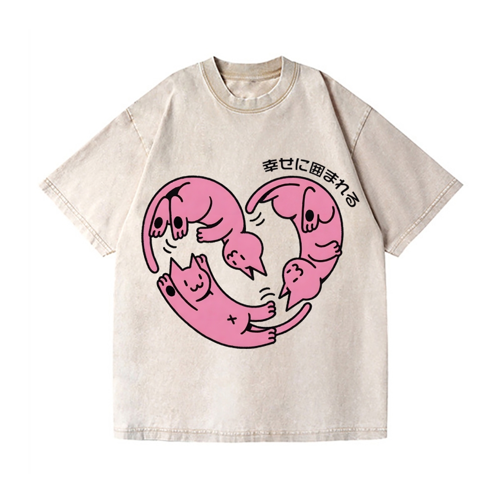 Happy Heart Cats Vintage Wash Japanese Design T-Shirt