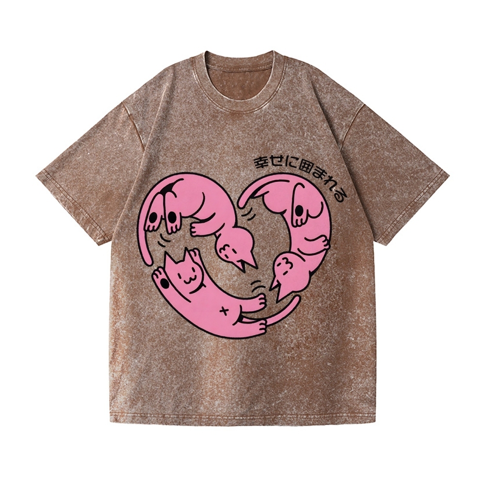 Happy Heart Cats Vintage Wash Japanese Design T-Shirt