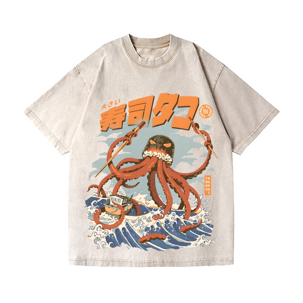 Sushi Octopus Kaiju Vintage Wash Japanese Design T-Shirt