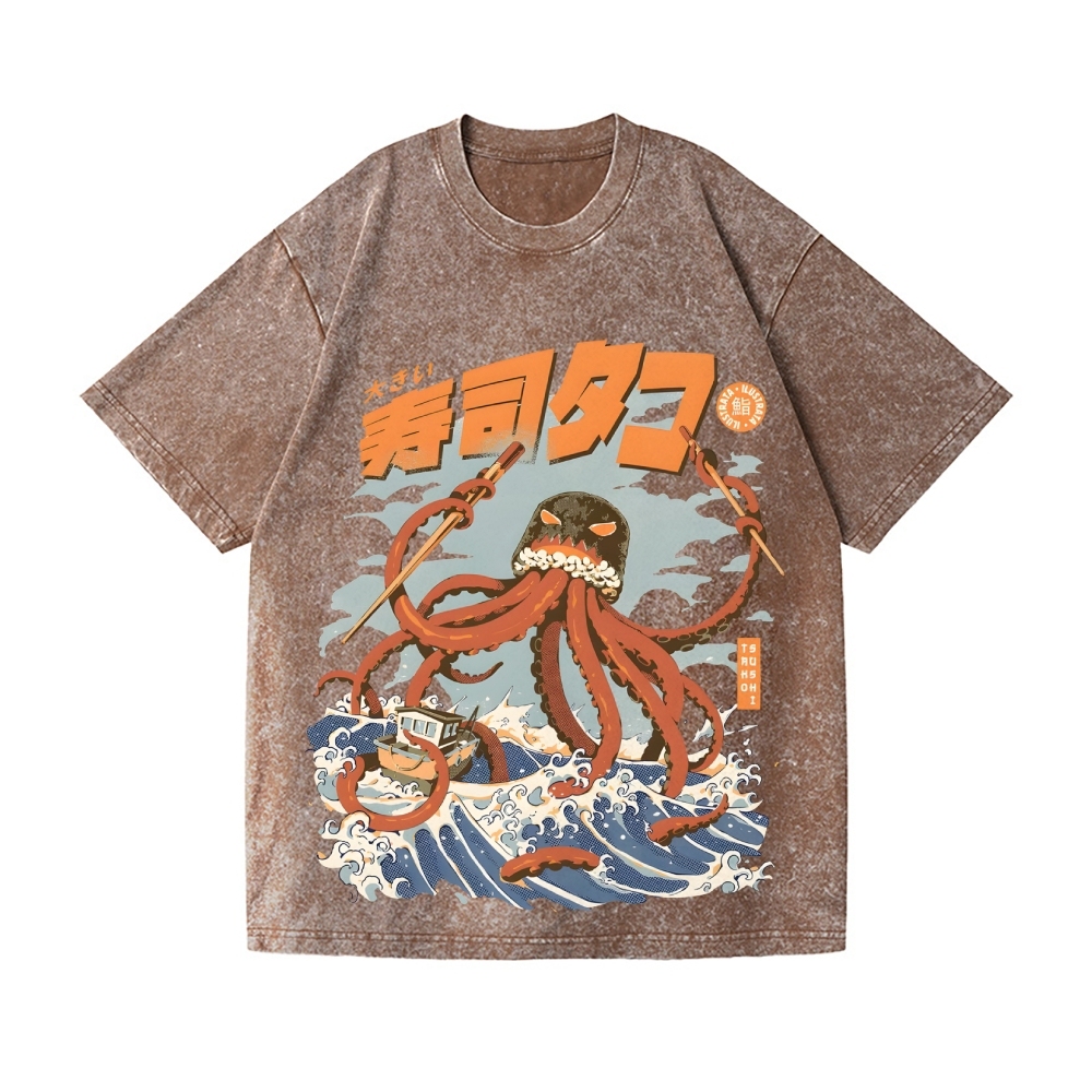 Sushi Octopus Kaiju Vintage Wash Japanese Design T-Shirt
