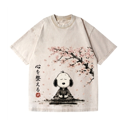 Samurai Sakura Peanuts Vintage Wash Japanese Design T-Shirt