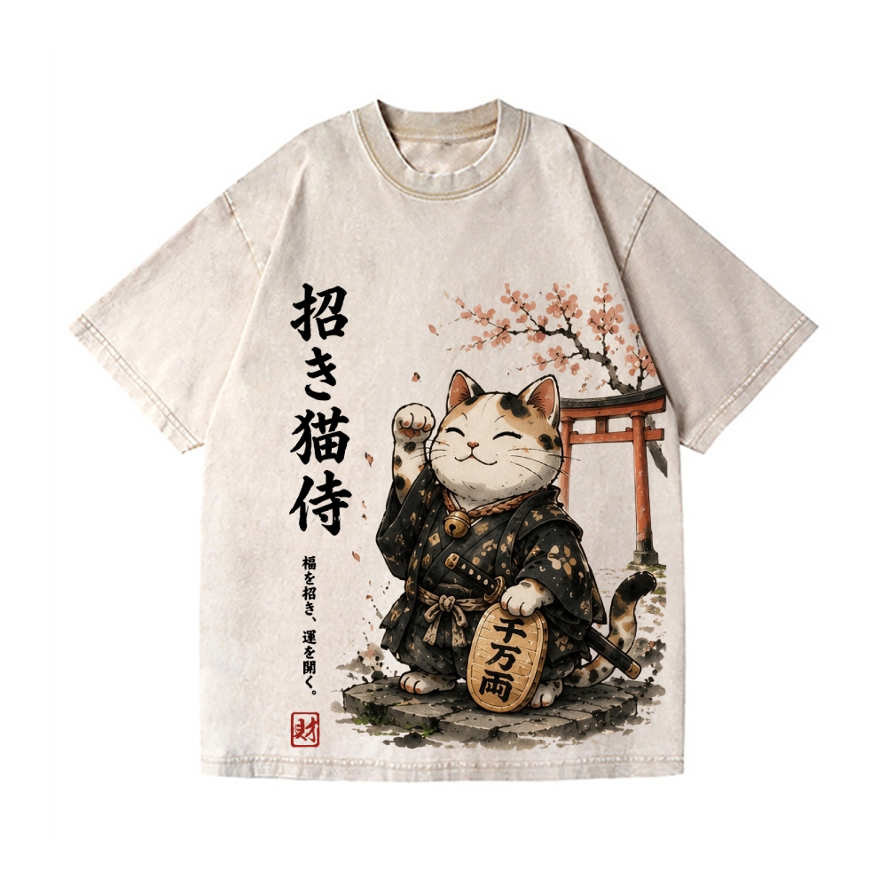 Samurai Style Lucky Cat Vintage Wash Japanese Design T-Shirt