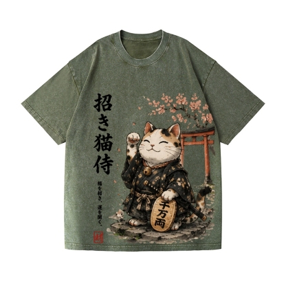 Samurai Style Lucky Cat Vintage Wash Japanese Design T-Shirt