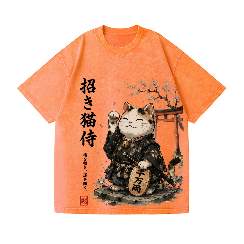 Samurai Style Lucky Cat Vintage Wash Japanese Design T-Shirt