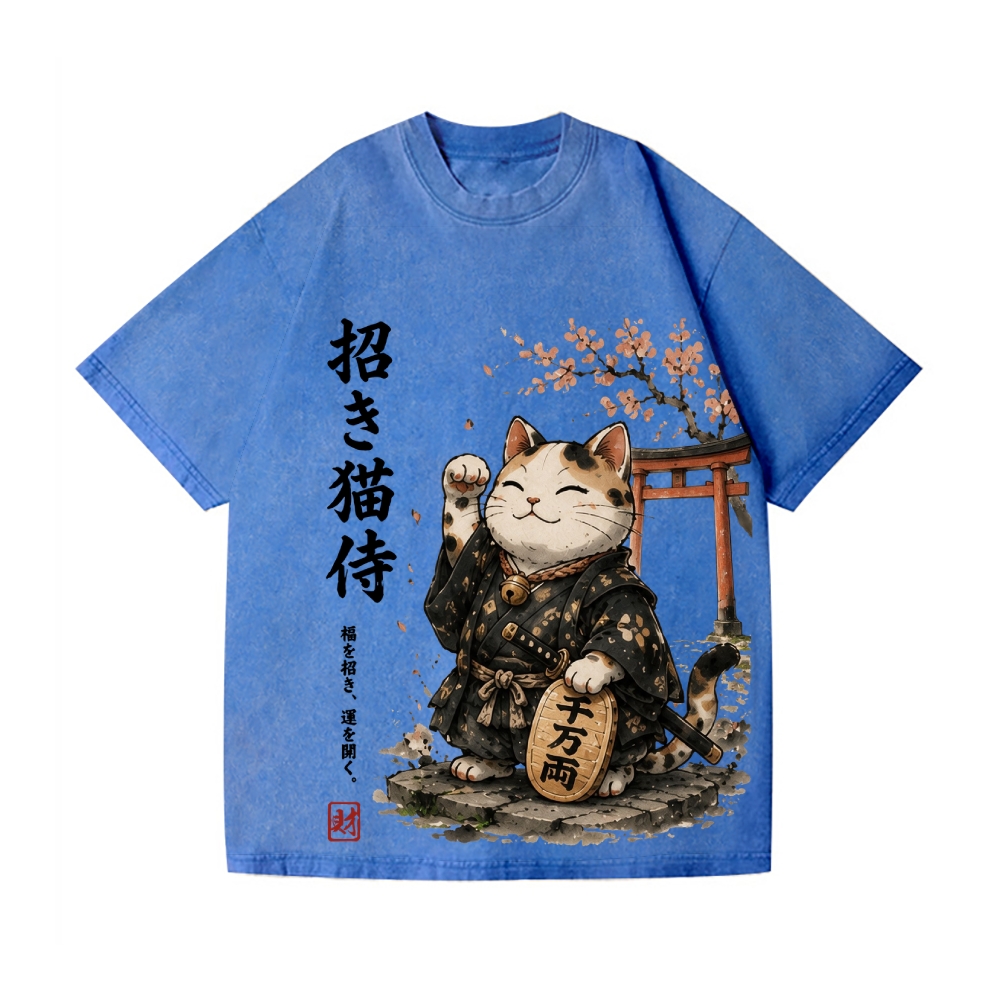 Samurai Style Lucky Cat Vintage Wash Japanese Design T-Shirt