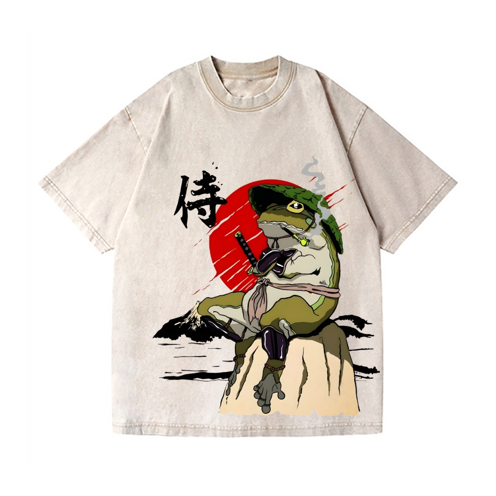 Samurai Frog Vintage Wash Japanese Design T-Shirt