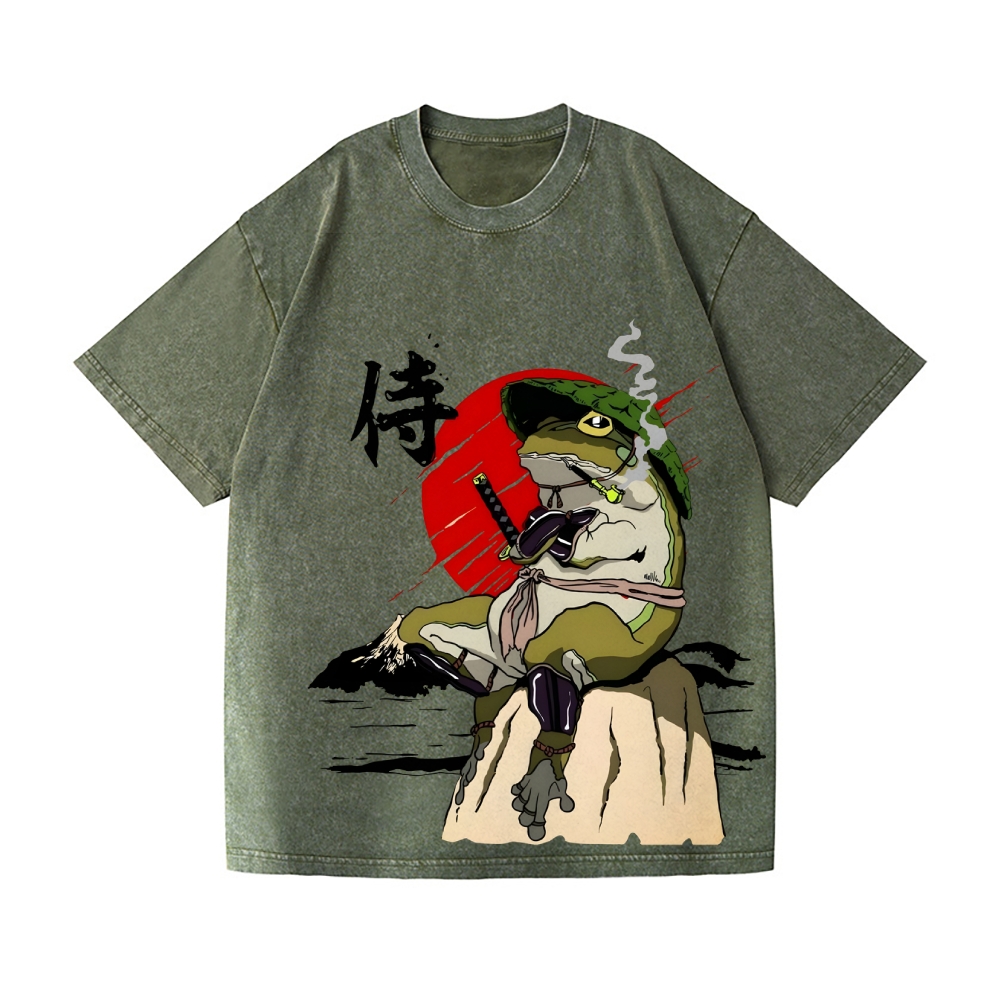 Samurai Frog Vintage Wash Japanese Design T-Shirt