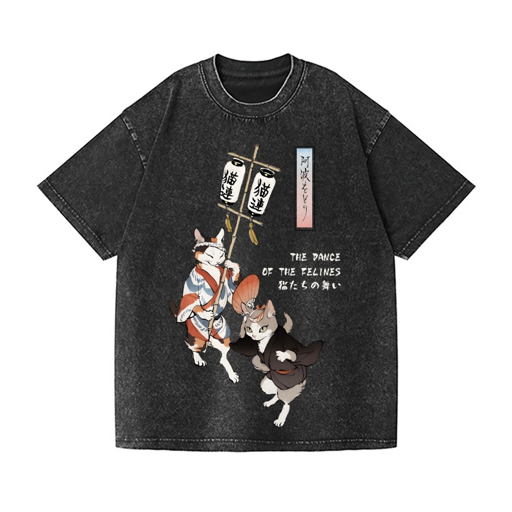 The Dancing Cats of Awa Odori Vintage Wash Japanese Design T-Shirt