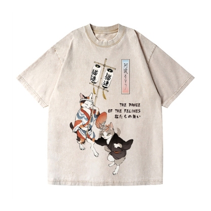 The Dancing Cats of Awa Odori Vintage Wash Japanese Design T-Shirt