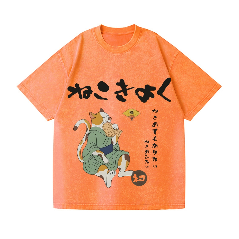 Taiyaki Cat Vintage Wash Japanese Design T-Shirt