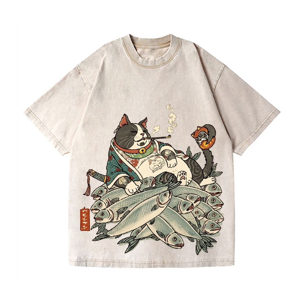 Fat Cat Samurai Vintage Wash Japanese Design T-Shirt