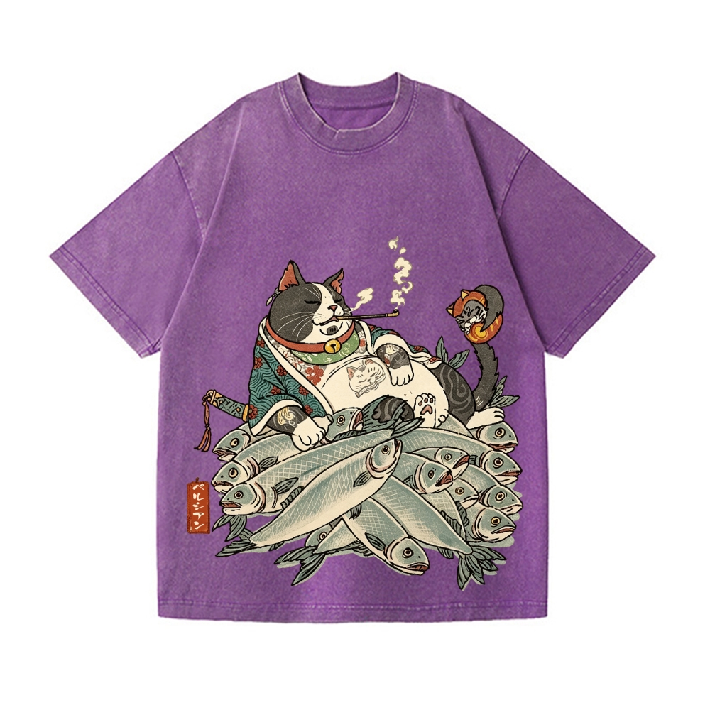 Fat Cat Samurai Vintage Wash Japanese Design T-Shirt