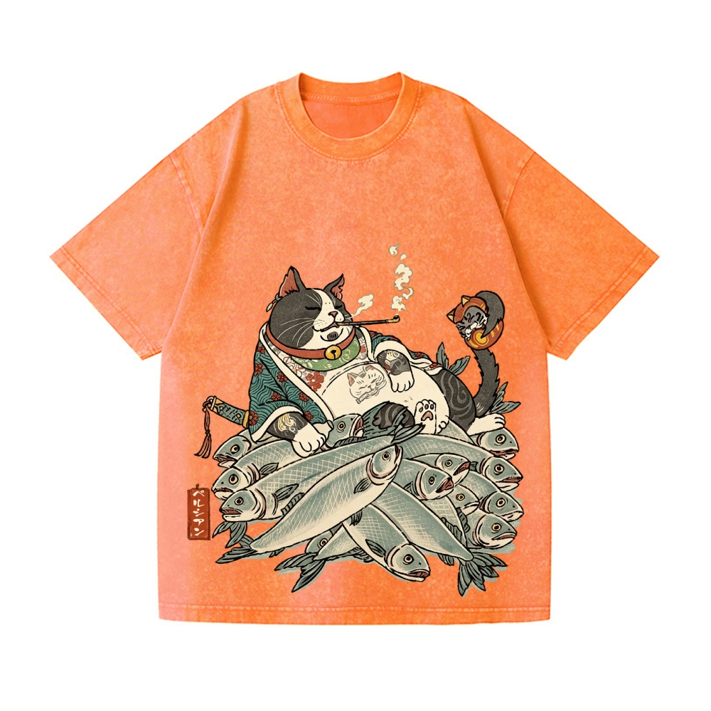 Fat Cat Samurai Vintage Wash Japanese Design T-Shirt