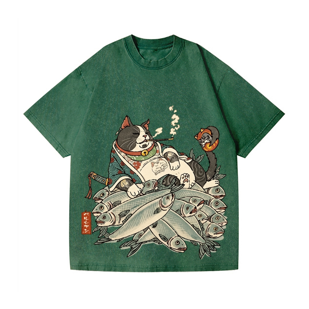 Fat Cat Samurai Vintage Wash Japanese Design T-Shirt