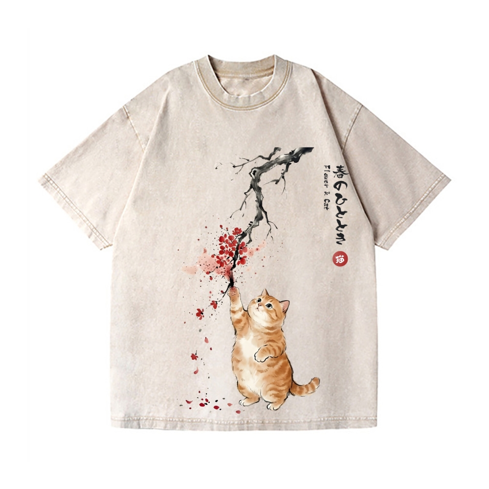 Sakura Cat Vintage Wash Japanese Design T-Shirt