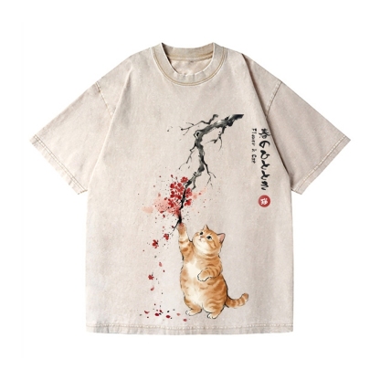 Sakura Cat Vintage Wash Japanese Design T-Shirt