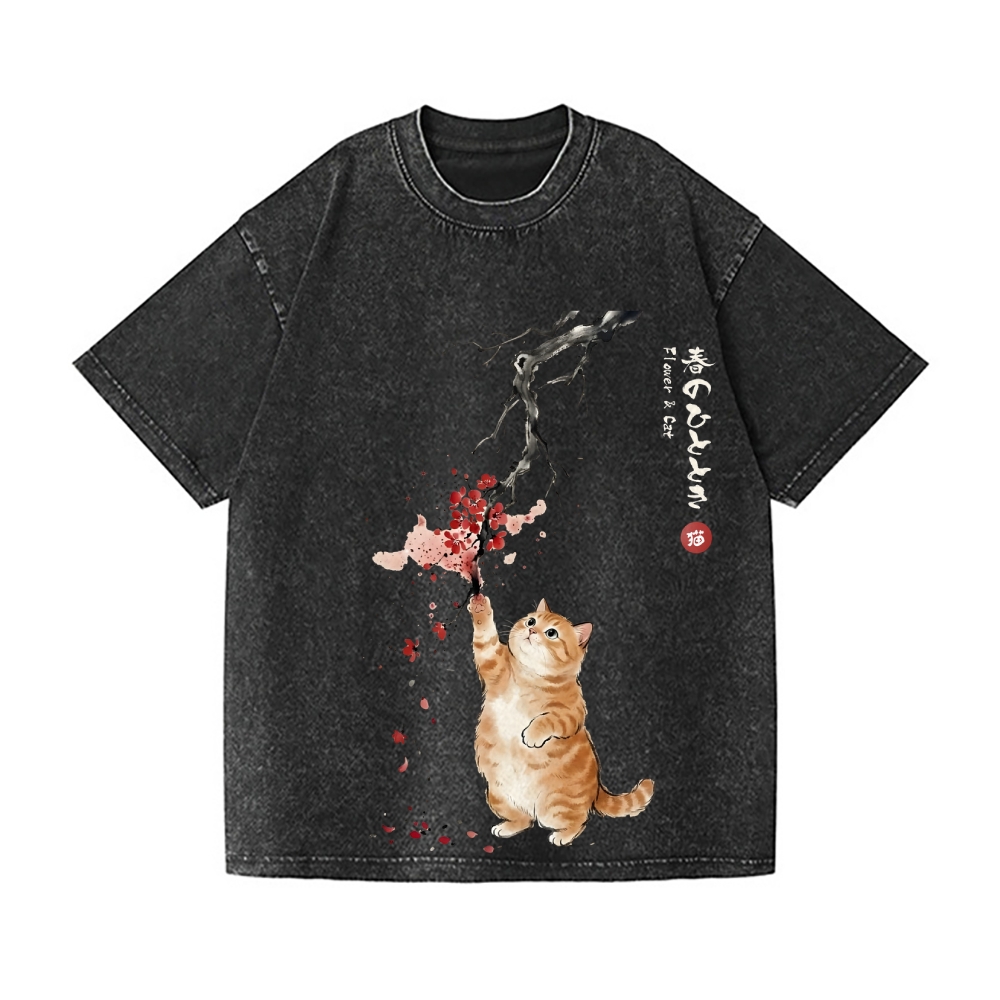 Sakura Cat Vintage Wash Japanese Design T-Shirt