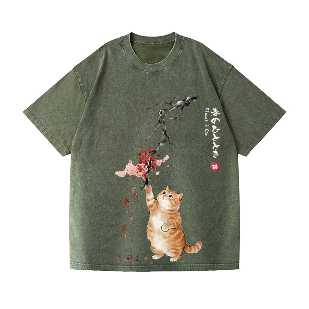 Sakura Cat Vintage Wash Japanese Design T-Shirt