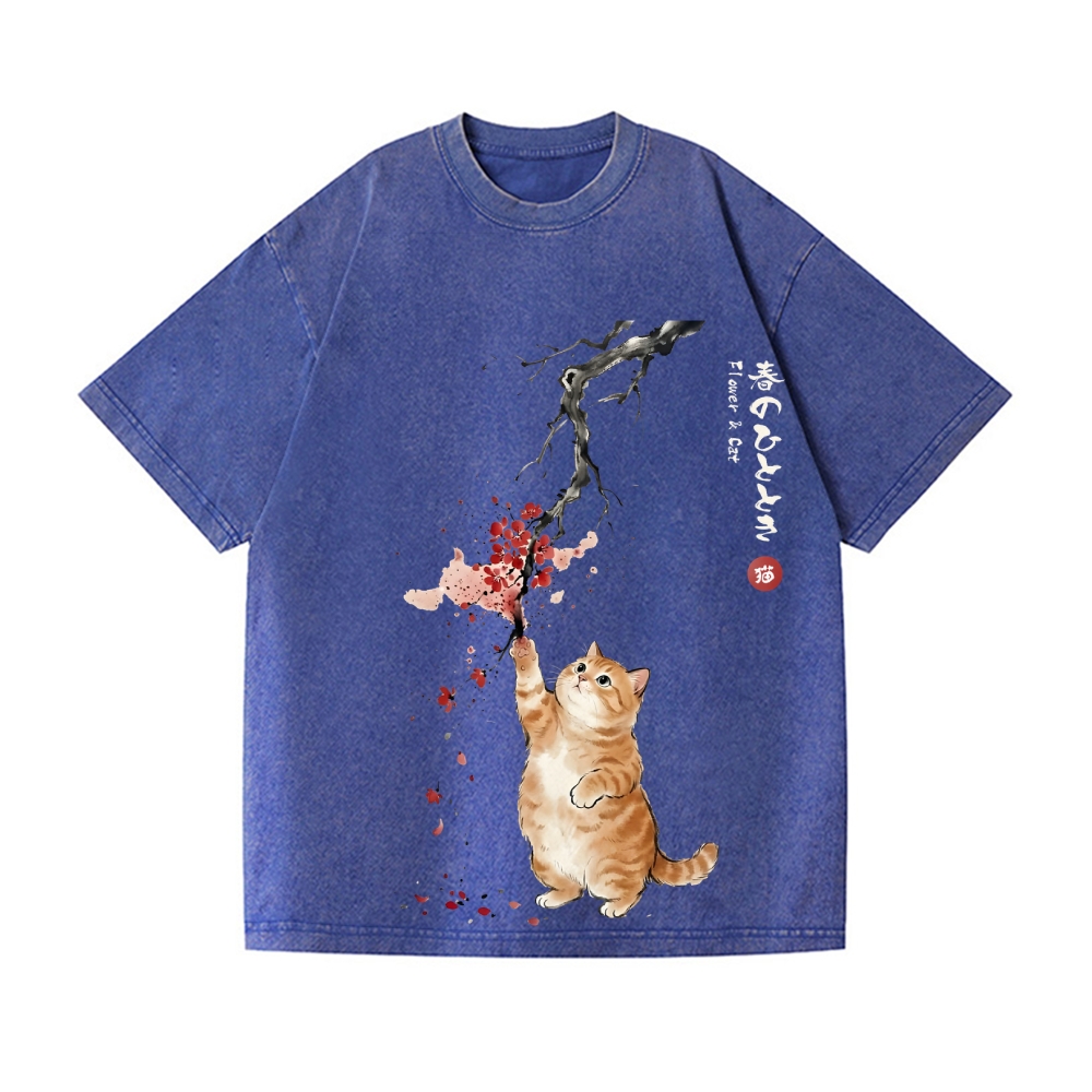 Sakura Cat Vintage Wash Japanese Design T-Shirt