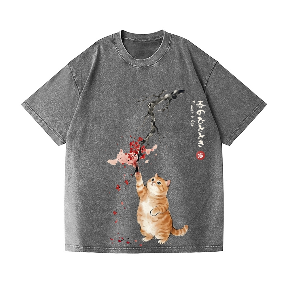 Sakura Cat Vintage Wash Japanese Design T-Shirt