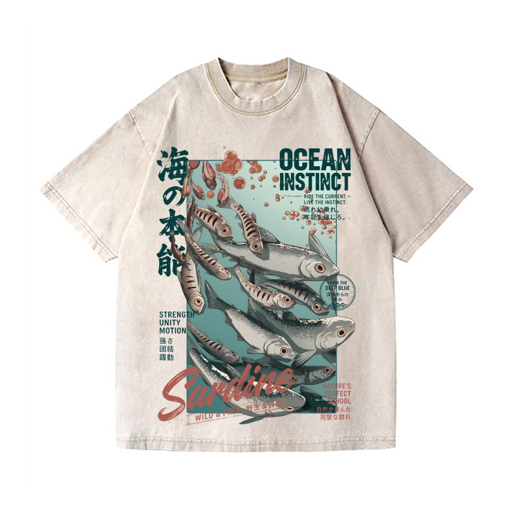 Sardine Fish Vintage Wash Japanese Design T-Shirt