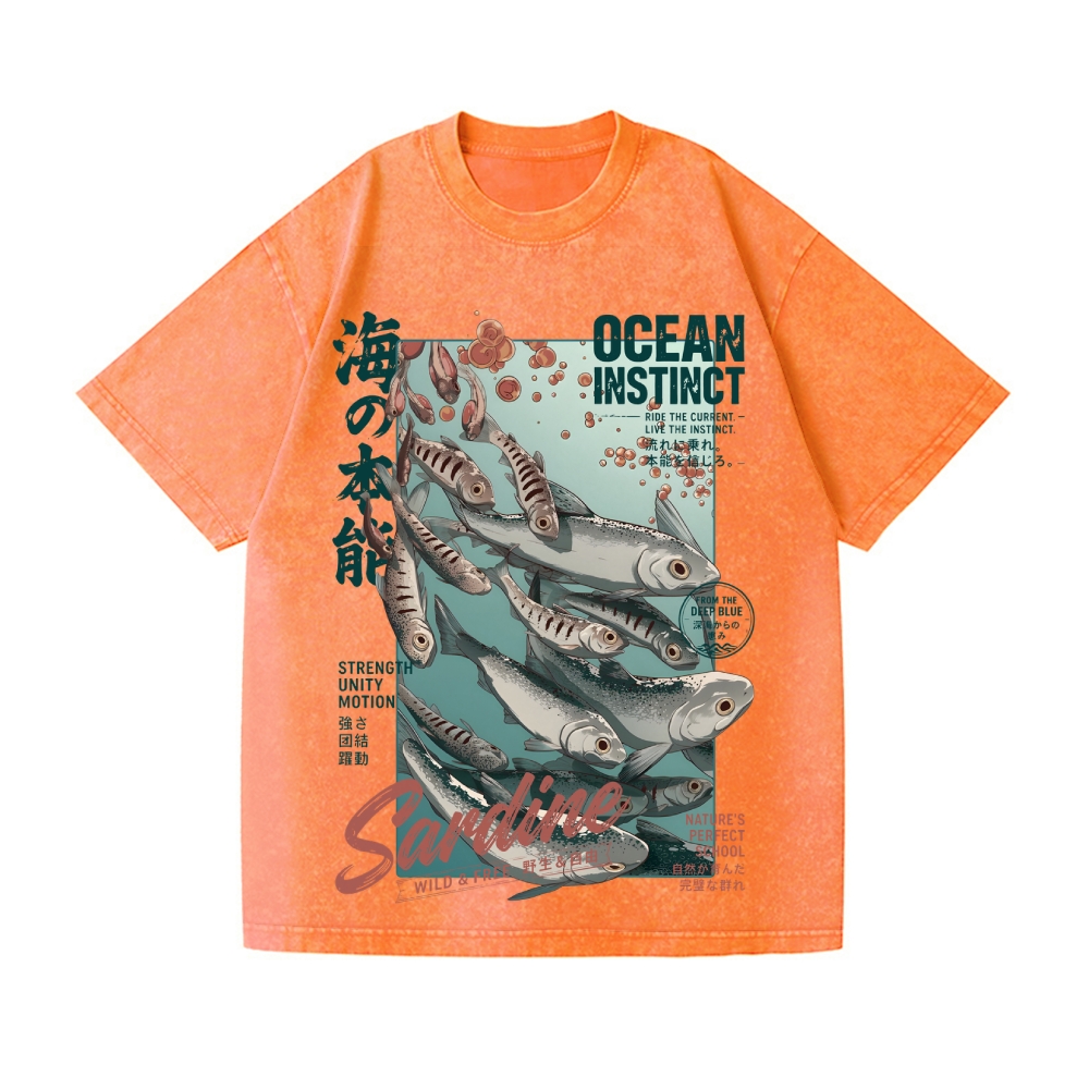 Sardine Fish Vintage Wash Japanese Design T-Shirt