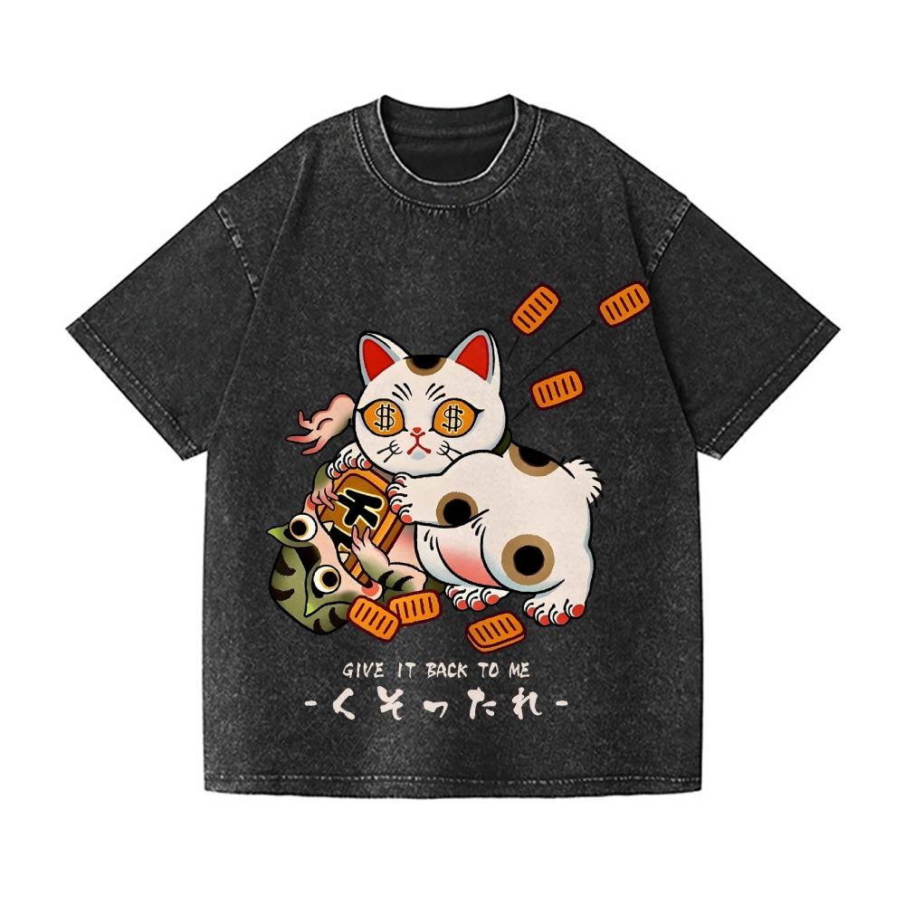 Lucky Cat Frog Vintage Wash Japanese Design T-Shirt