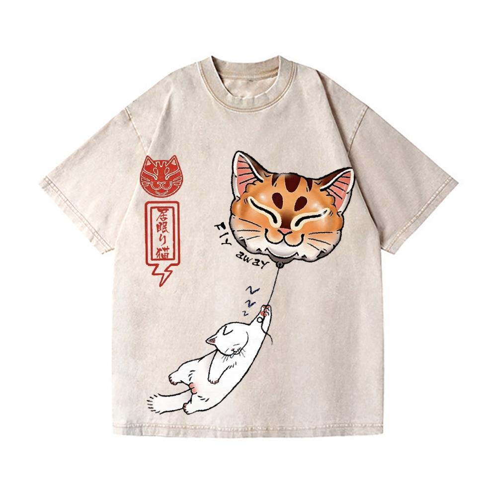 Cat Balloon Vintage Wash Japanese Design T-Shirt