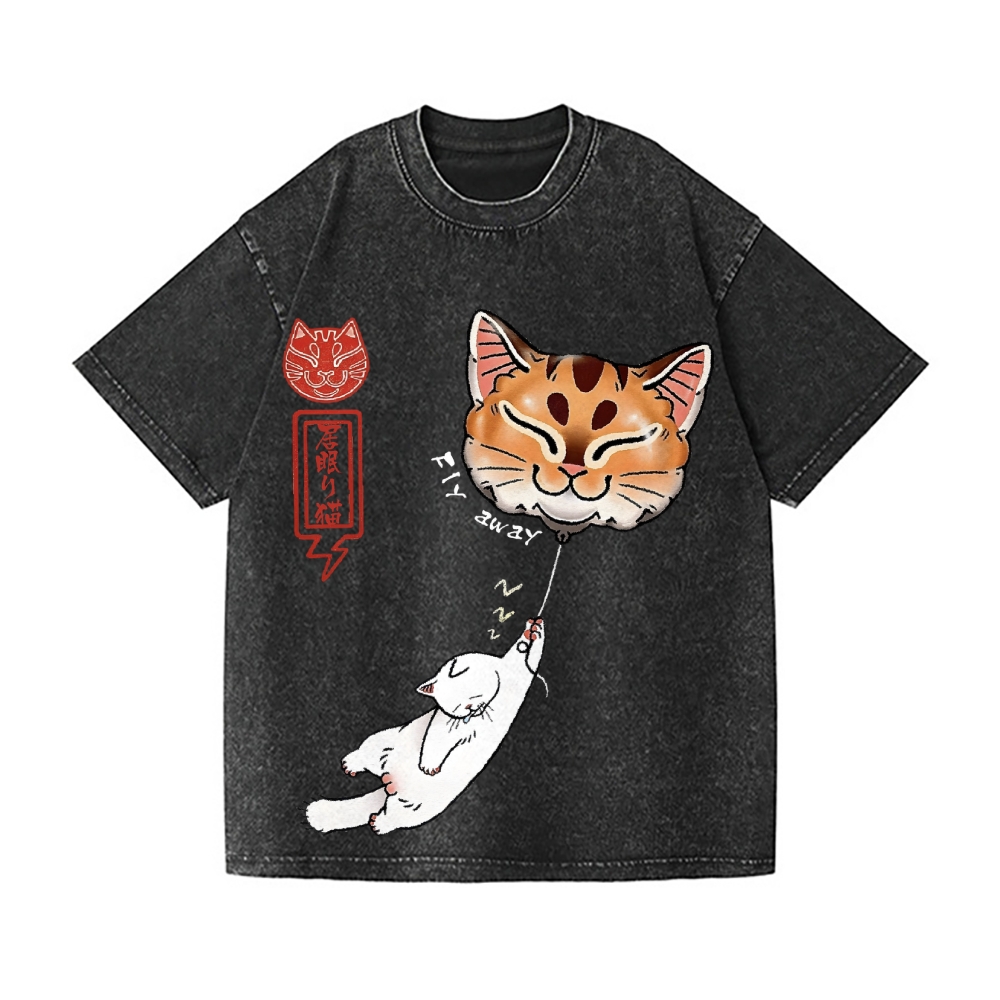 Cat Balloon Vintage Wash Japanese Design T-Shirt