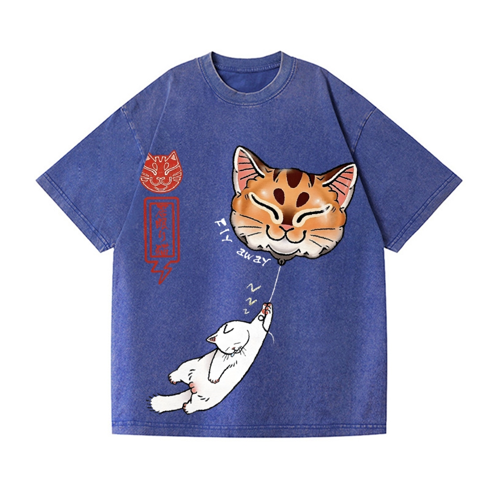 Cat Balloon Vintage Wash Japanese Design T-Shirt