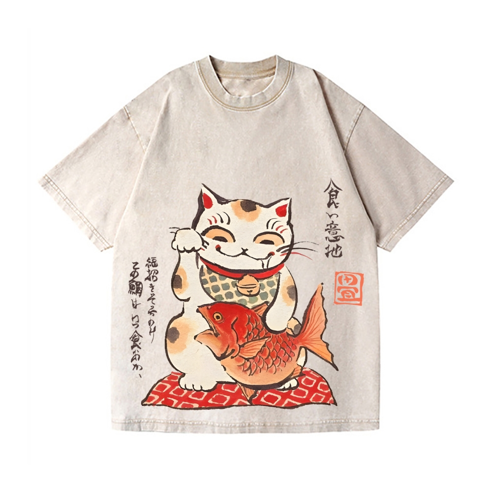 Lucky Cat Koi Vintage Wash Japanese Design T-Shirt
