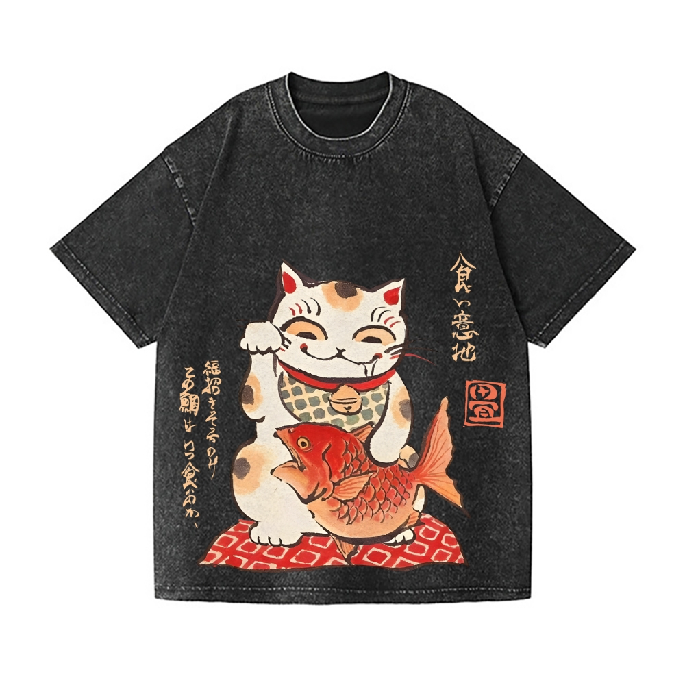 Lucky Cat Koi Vintage Wash Japanese Design T-Shirt