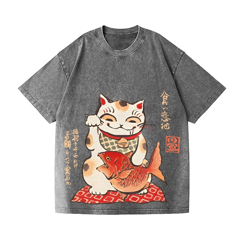 Lucky Cat Koi Vintage Wash Japanese Design T-Shirt