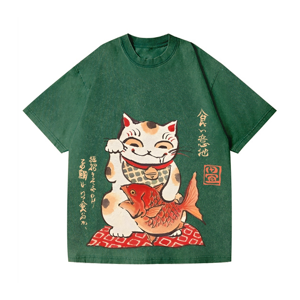 Lucky Cat Koi Vintage Wash Japanese Design T-Shirt