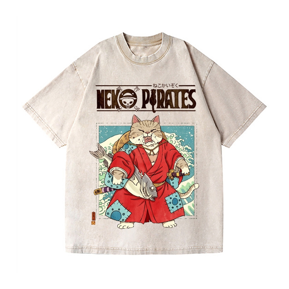 Neko Pirates Vintage Wash Japanese Design T-Shirt