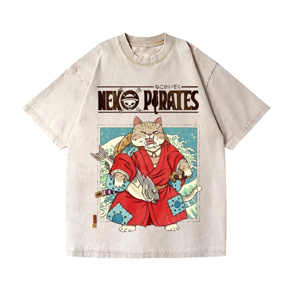 Neko Pirates Vintage Wash Japanese Design T-Shirt