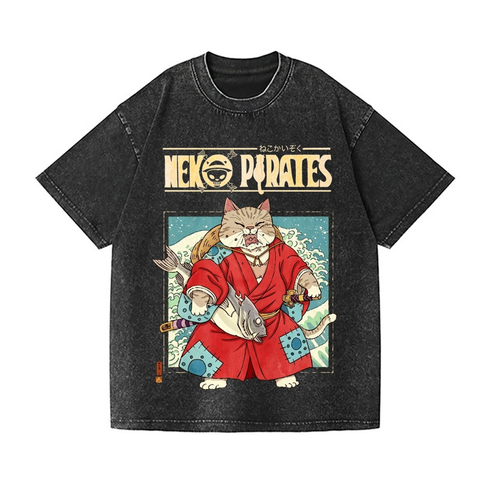 Neko Pirates Vintage Wash Japanese Design T-Shirt